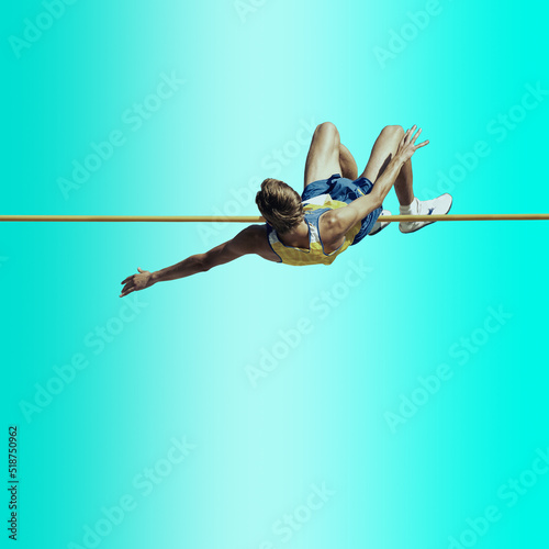 Professional male pole vaulter on background in neon light. Concept of sport, healthy lifestyle, action, movement, motion.