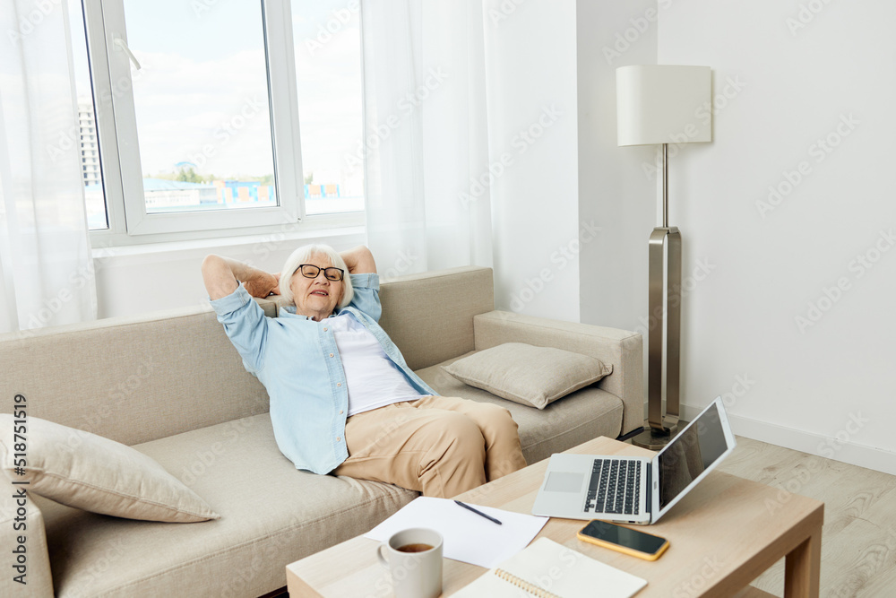 a carefree, stylish, happy elderly woman in stylish home clothes is sitting on the couch relaxing while working on a laptop at home a carefree, stylish, happy elderly woman in stylish home clothes is sitting on the couch relaxing while working on a laptop at home