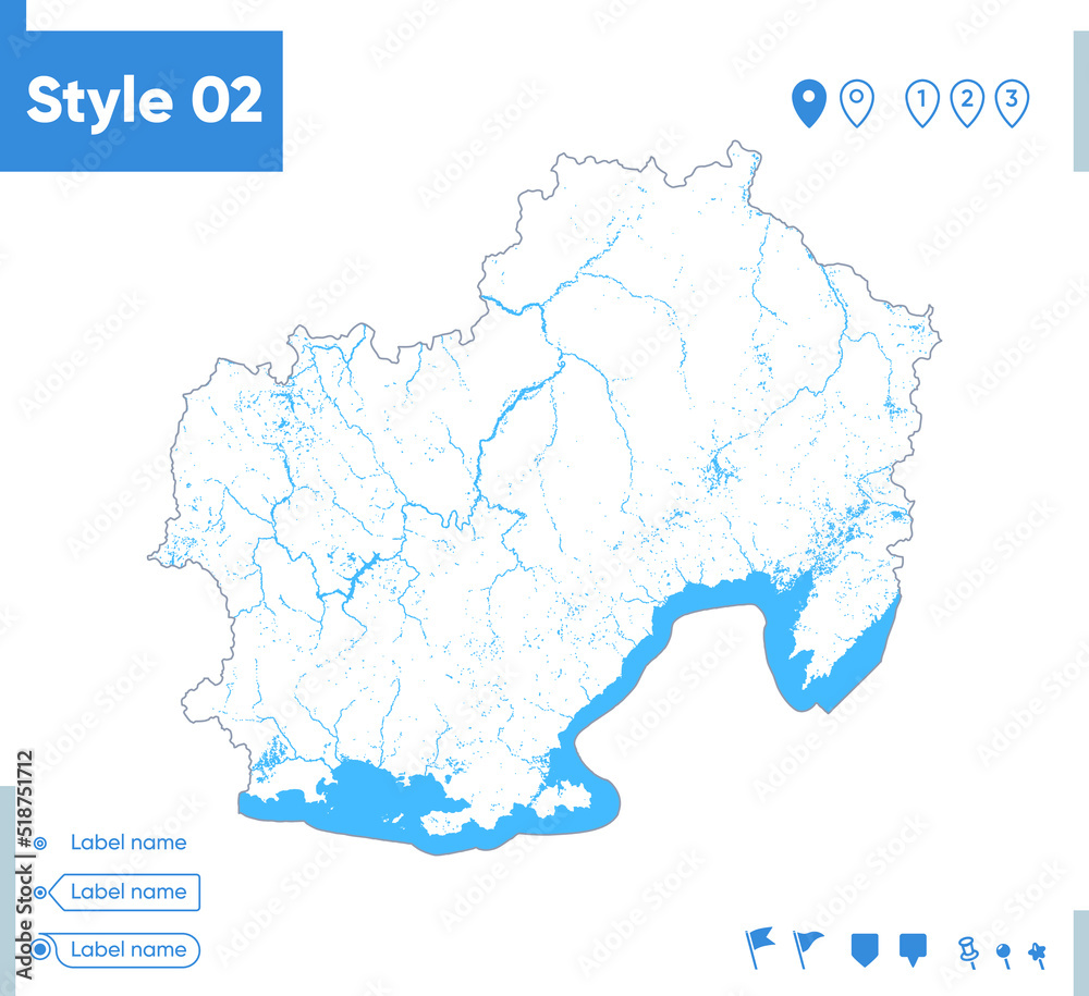 Magadan Region, Russia - stroke map isolated on white background with water and roads. Vector map