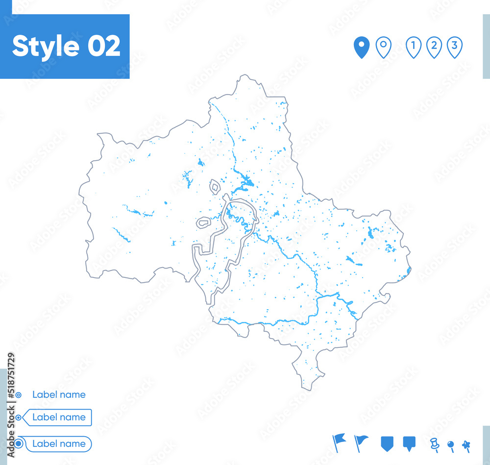Moscow Region, Russia - stroke map isolated on white background with water and roads. Vector map