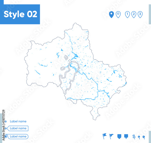 Moscow Region, Russia - stroke map isolated on white background with water and roads. Vector map