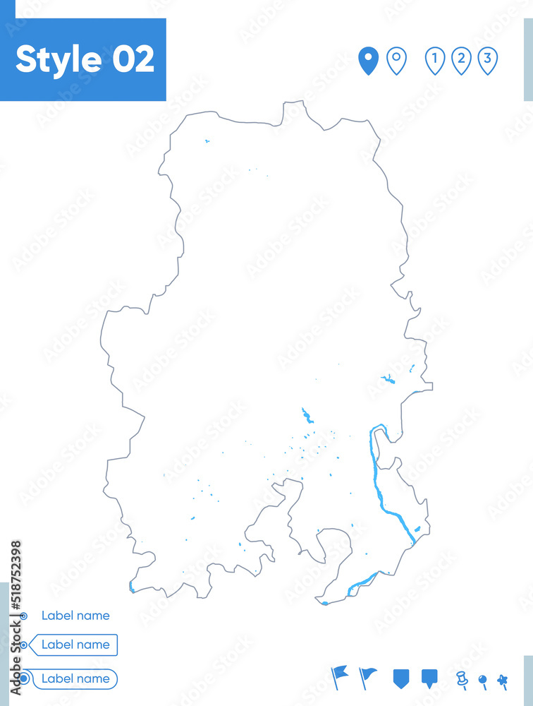 Udmurtian Republic, Russia - stroke map isolated on white background with water and roads. Vector map