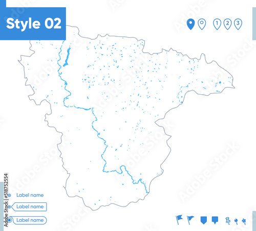 Voronezh Region, Russia - stroke map isolated on white background with water and roads. Vector map