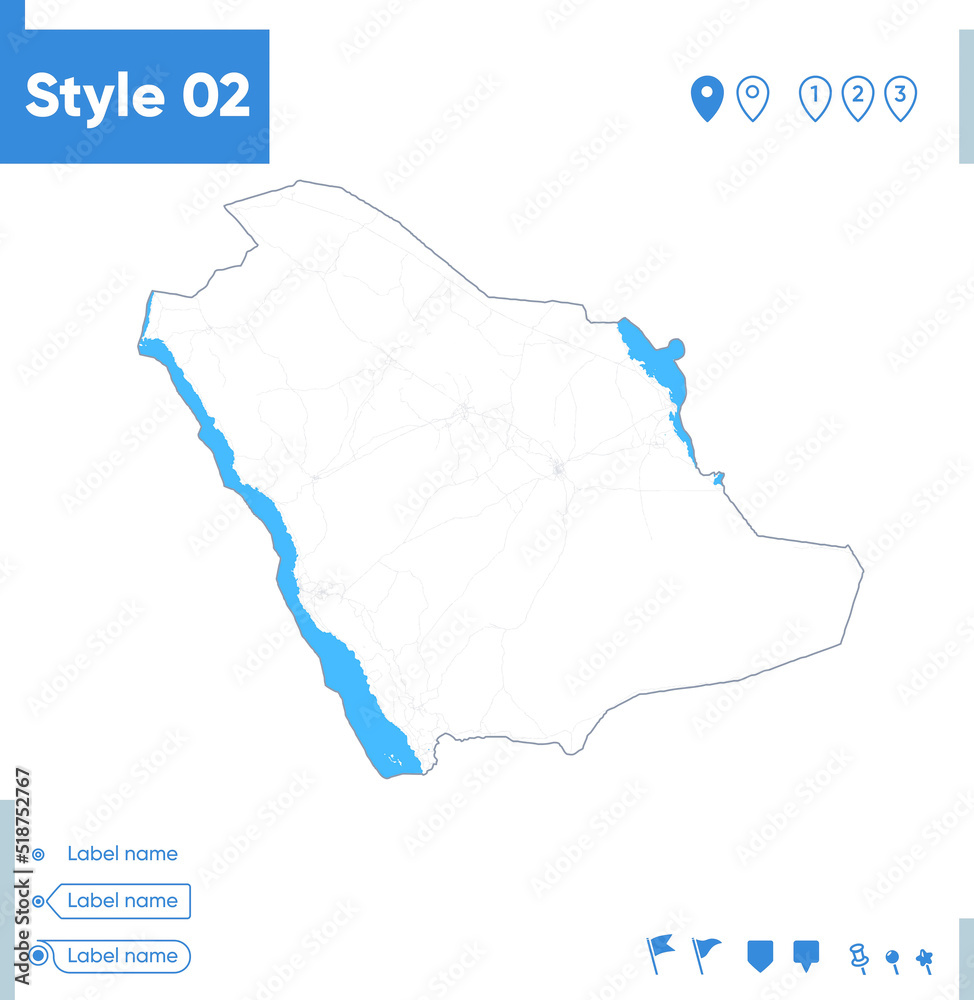 Saudi Arabia - stroke map isolated on white background with water and roads. Vector map