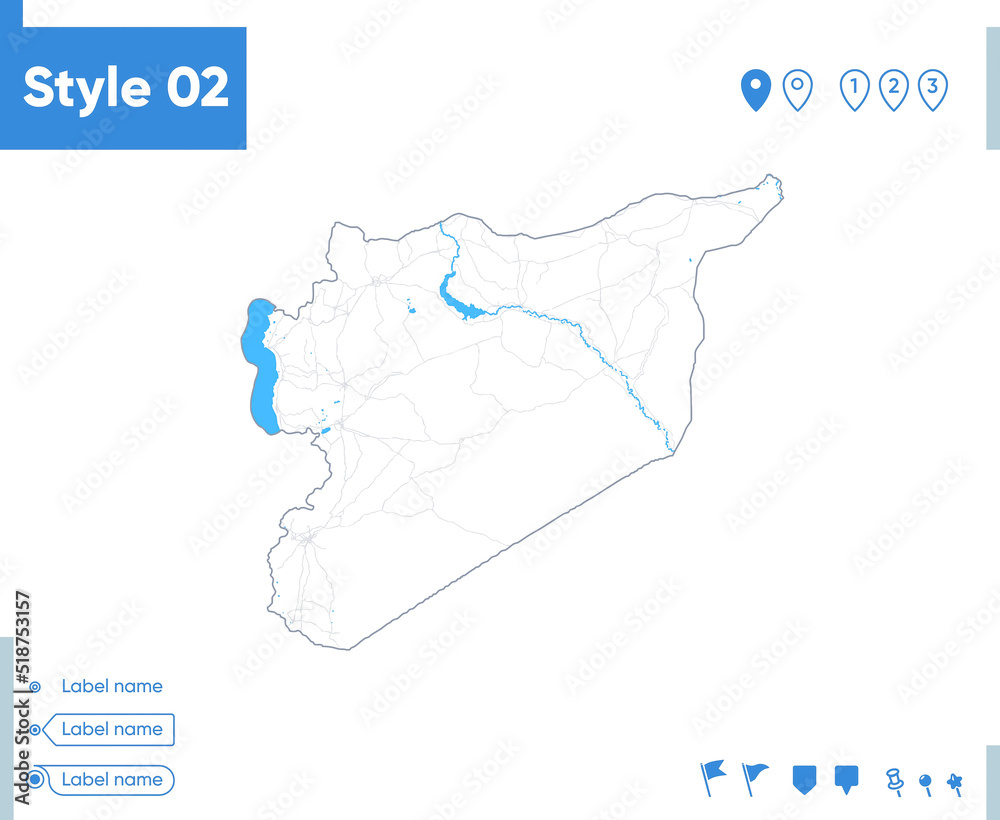 Syria - stroke map isolated on white background with water and roads. Vector map Syria - stroke map isolated on white background with water and roads. Vector map