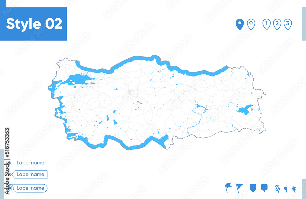 Turkey - stroke map isolated on white background with water and roads. Vector map