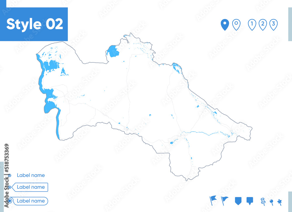 Turkmenistan - stroke map isolated on white background with water and roads. Vector map Turkmenistan - stroke map isolated on white background with water and roads. Vector map