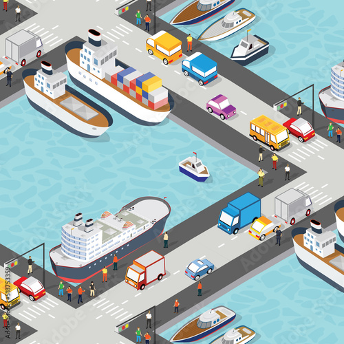 Isometric City industrial port with transport boat 3D illustration.