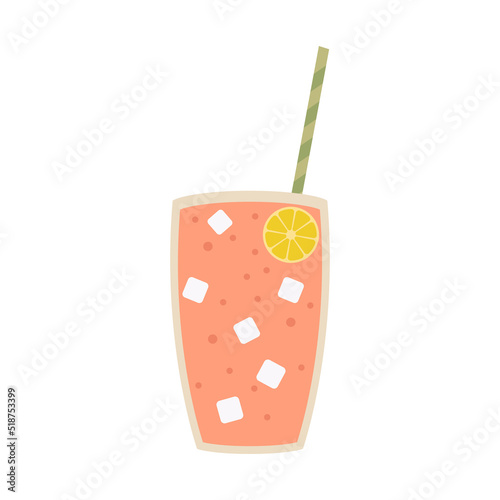 Glass of lemonade with ice cubes, lemon slice, cocktail tube. Vector illustration in a flat style on a white background.