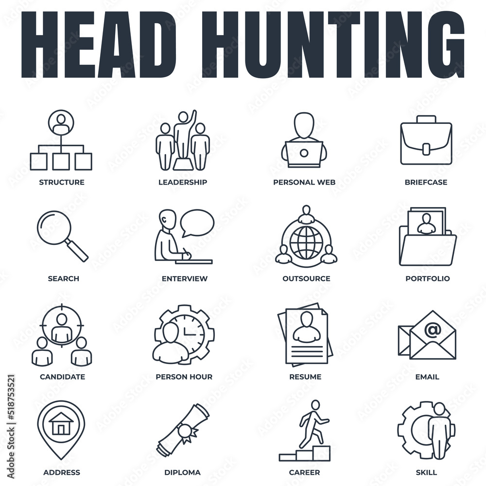 Set of Head Hunting, career, resume, interview, candidate and more icon logo vector illustration. recruiting pack symbol template for graphic and web design collection Set of Head Hunting, career, resume, interview, candidate and more icon logo vector illustration. recruiting pack symbol template for graphic and web design collection