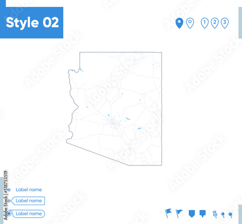 Arizona, USA - stroke map isolated on white background with water and roads. Vector map