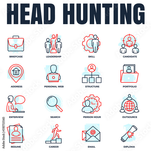 Set of Head Hunting, career, resume, interview, candidate and more icon logo vector illustration. recruiting pack symbol template for graphic and web design collection