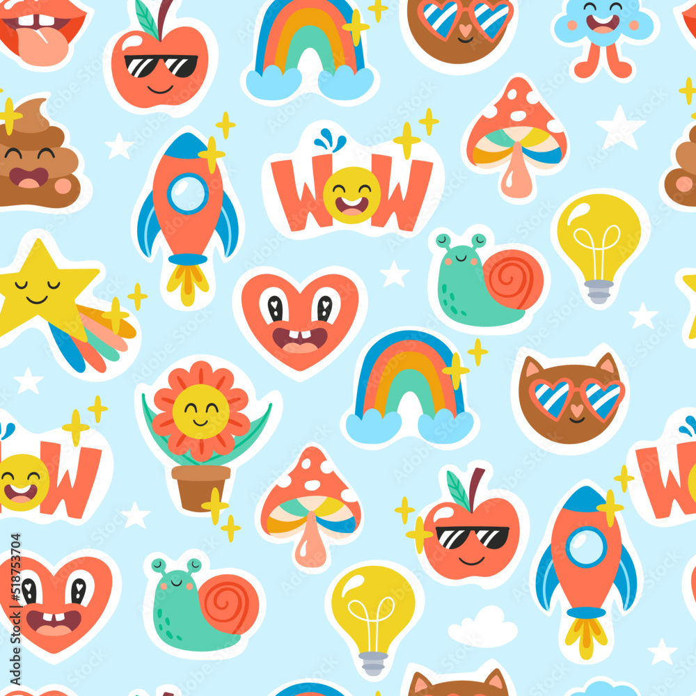 Seamless pattern background for back to school concept with cute creative stickers. Childish print forwrapping paper, cards and planner decoration. Vector Illustration