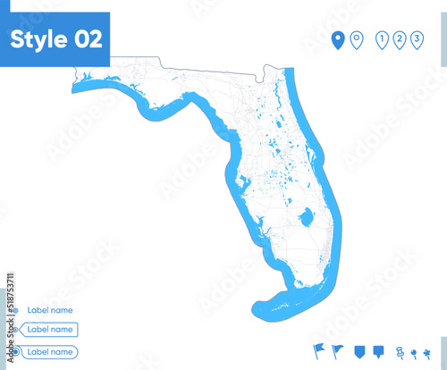 Florida, USA - stroke map isolated on white background with water and roads. Vector map