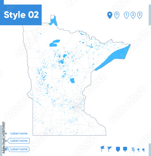 Minnesota, USA - stroke map isolated on white background with water and roads. Vector map
