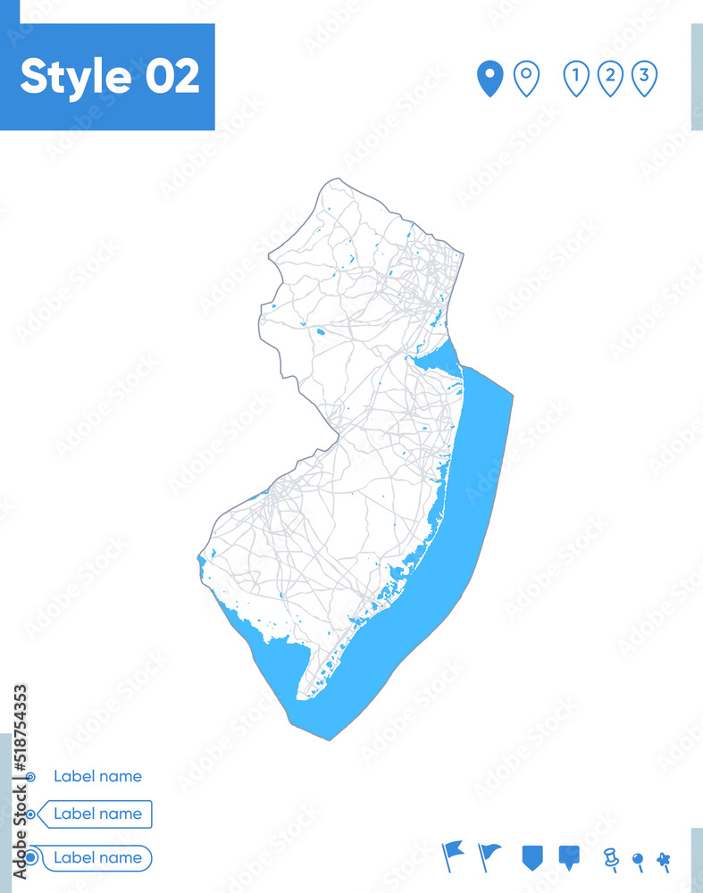 New Jersey, USA - stroke map isolated on white background with water and roads. Vector map