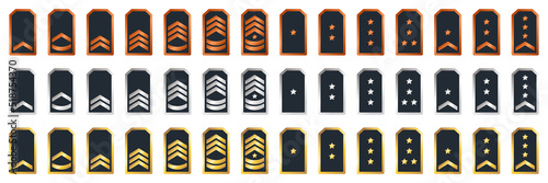 Military Insignia Soldier Icon Set. Sergeant, General, Major, Officer, Lieutenant, Colonel Patch. Military Army Badges. Golden, Silver, Bronze Army Rank on White Background. Vector Illustration
