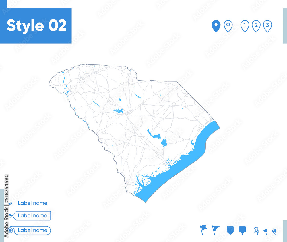 South Carolina, USA - stroke map isolated on white background with water and roads. Vector map