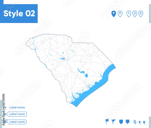 South Carolina, USA - stroke map isolated on white background with water and roads. Vector map