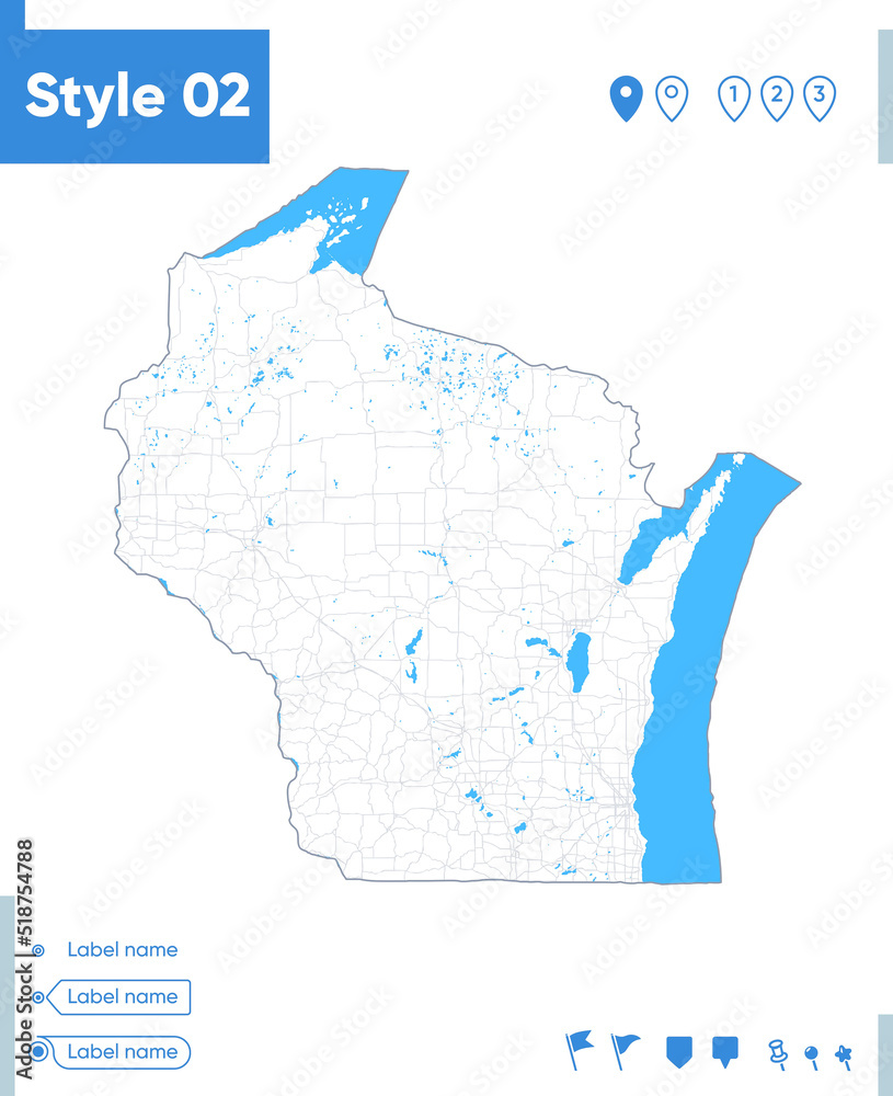 Wisconsin, USA - stroke map isolated on white background with water and roads. Vector map