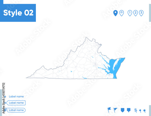 Virginia, USA - stroke map isolated on white background with water and roads. Vector map