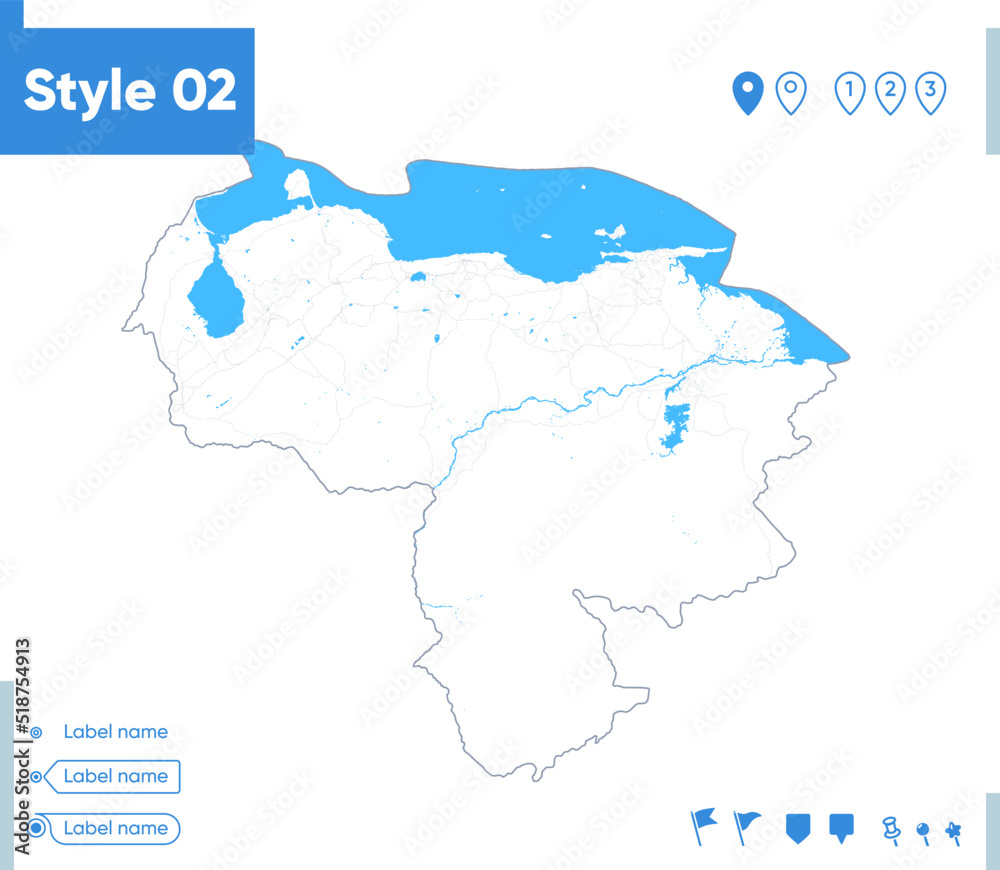 Venezuela - stroke map isolated on white background with water and roads. Vector map