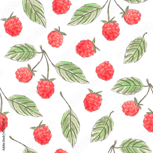 Seamless pattern with raspberry and leaves hand drawn with colored pencils