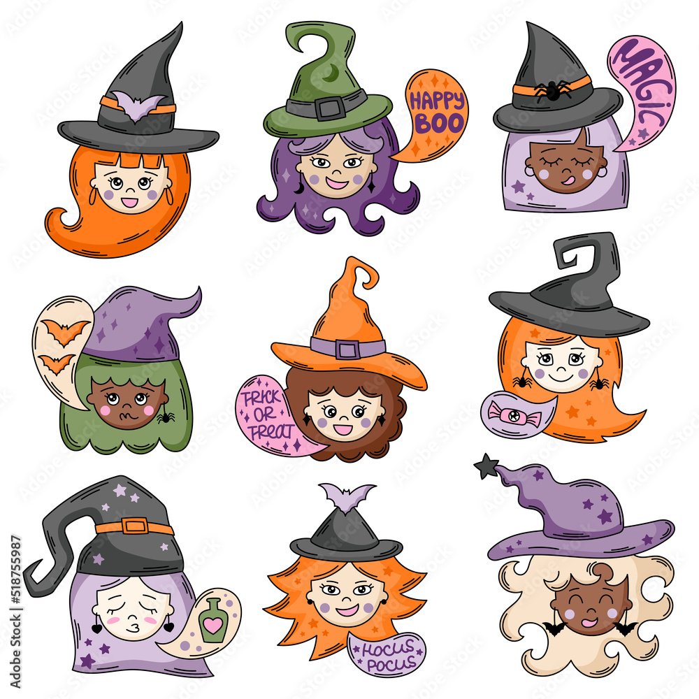 Cute witch faces vector illustration set. Funny cartoon witches