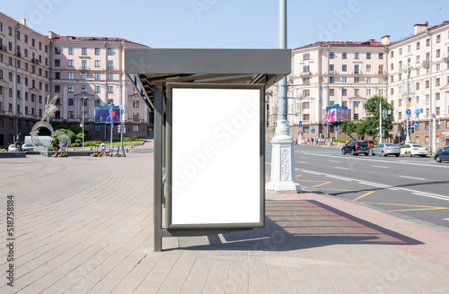 Large outdoor billboard mockup at bus stop. Brand, product, service advertisement in city high traffic area. Hoarding. High quality photo
