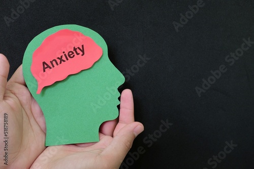 Obraz na płótnie Anxiety disorder patient help, care, recovery, therapy and treatment concept. Hand holding human head profile with word text on brain. w salonie