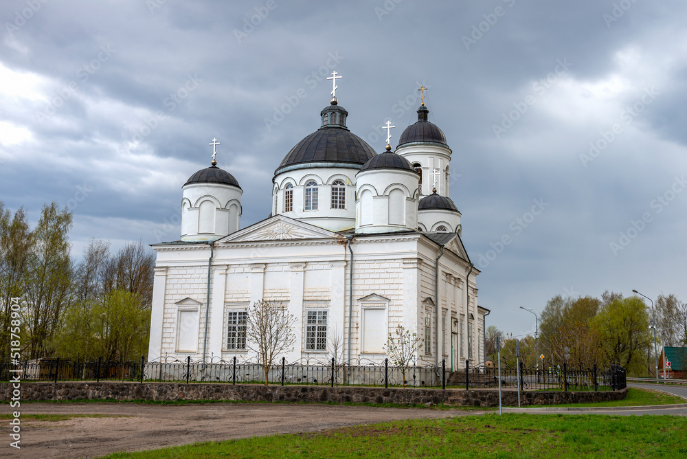 View of the ancient Cathedral of Elijah the Prophet on a cloudy evening. Soltsy, Novgorod region. Russia
