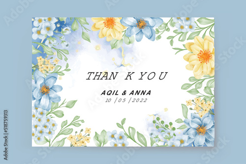 thank you card with floral frame flower blue and yellow © orchidart
