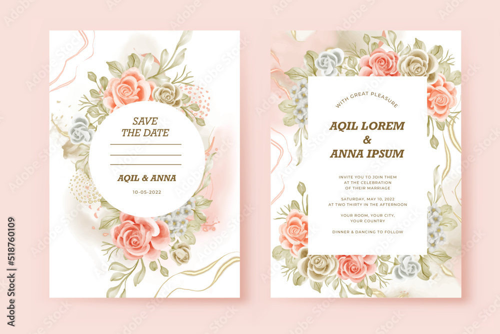 Floral wedding invitation template set with dark beige and blush rose
