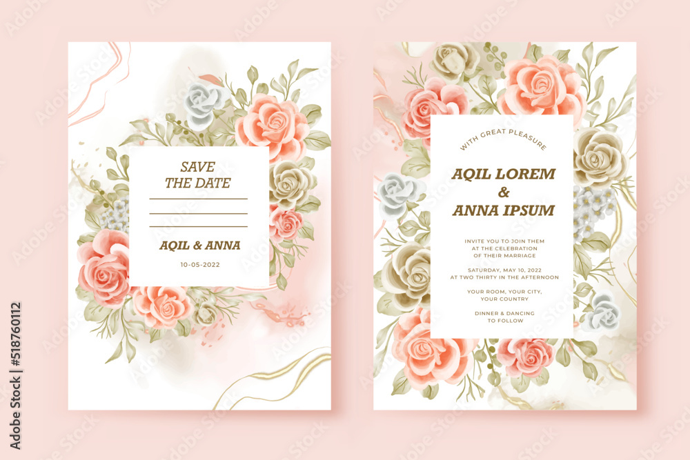 wedding invitation template with beauty abstract dark beige and blush rose