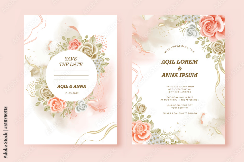 dark beige and blush rose abstract floral frame wedding invitation template