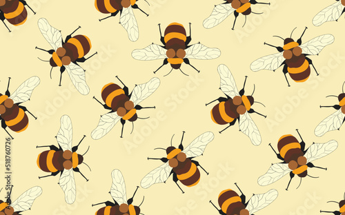 Seamless pattern with bees on color background. Small wasp. Vector illustration. Adorable cartoon character. Template design for invitation, cards, textile, fabric. Doodle style © Alla