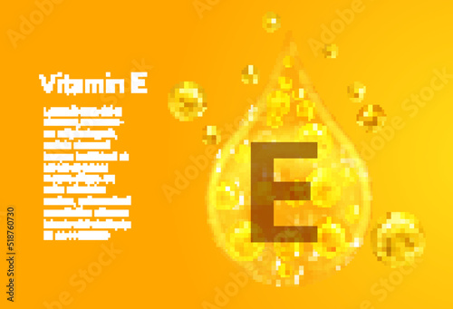 Vitamin E. Baner with vector images of golden drops with oxygen bubbles. Health concept.