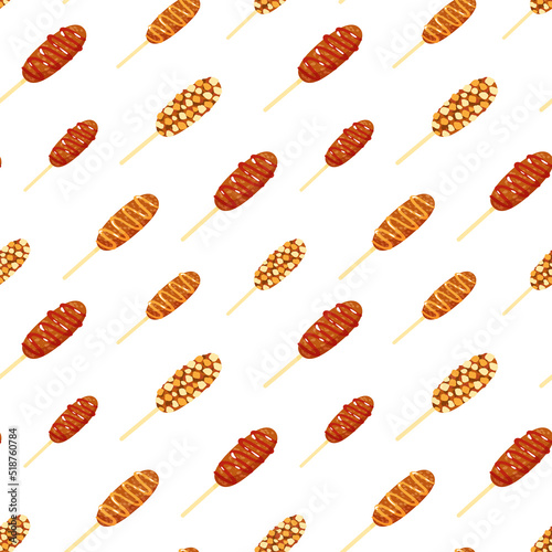 Seamless vector pattern with Asian street food corndogs