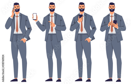 Group of business men in different poses with phone. A young man in a suit and tie isolated on a white background. Office worker make phone call, shows phone screen, uses phone. Flat vector.