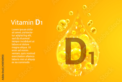 Vitamin D1. Baner with vector images of golden drops with oxygen bubbles. Health concept.