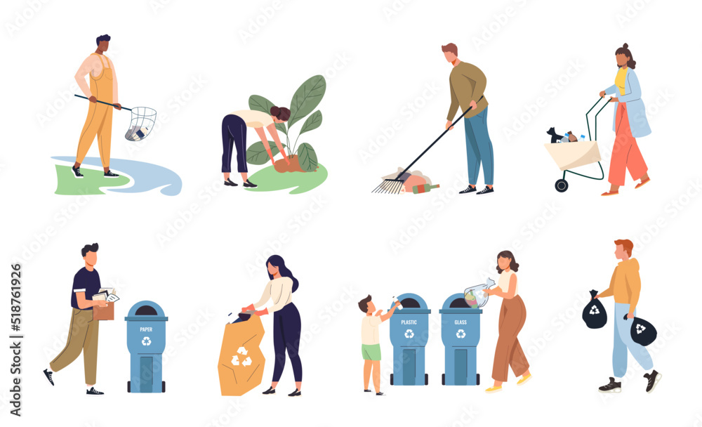 Volunteers gathering garbage set. People take out the trash and plastic waste for recycling, parents and children collecting garbage, environmental protection, education concept vector Illustrations Volunteers gathering garbage set. People take out the trash and plastic waste for recycling, parents and children collecting garbage, environmental protection, education concept vector Illustrations