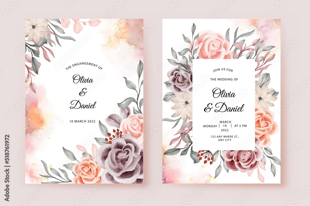 Wedding invitation card template with beautiful rose flower frame