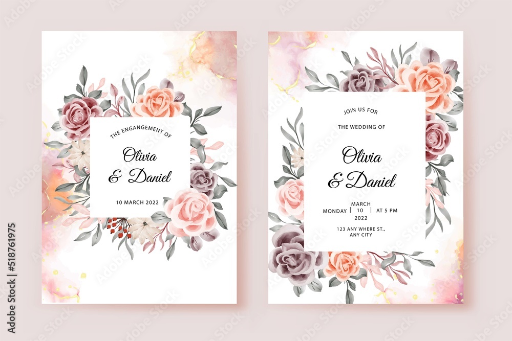 wedding invitation card with beautiful watercolor flower