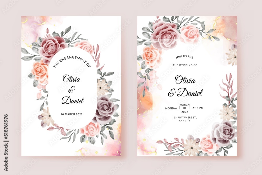 Beautiful rose and leaves wedding invitation card