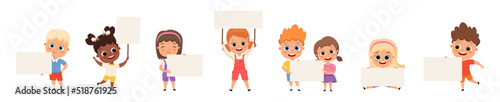 Children are holding banners, board signs or placard with empty space templates for text. Happy boy and girl, pupils with blank sheet of papers or posters and ads vector cartoon illustration.