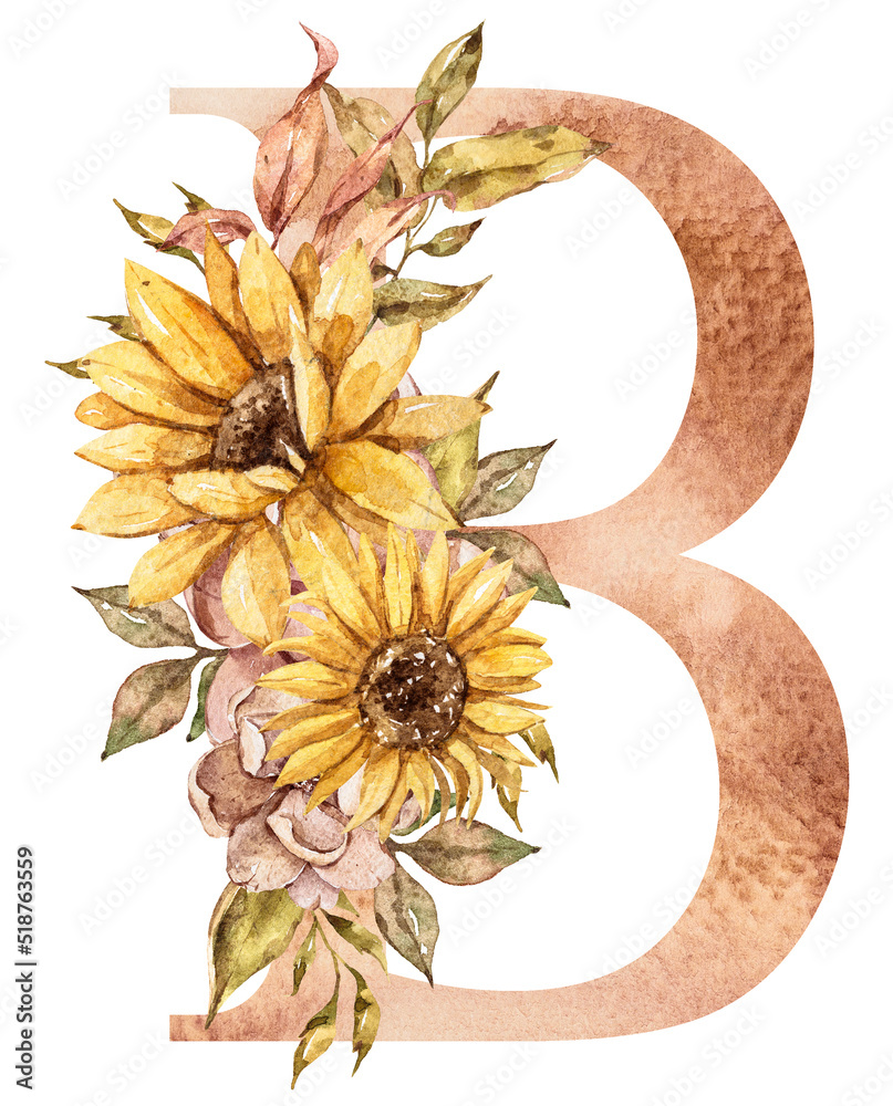 Watercolor Floral Sunflower Bouquets Alphabet Monogtram Letter B. Hand ...