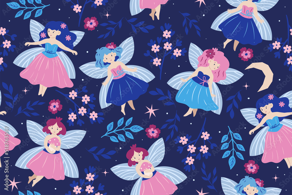 Seamless pattern with fairies and flowers. Vector graphics.
