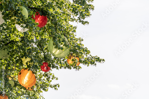 Links eine Baumkrone mit Lampions orange gelb, rot und rechts viel weiße Freifläche für Text