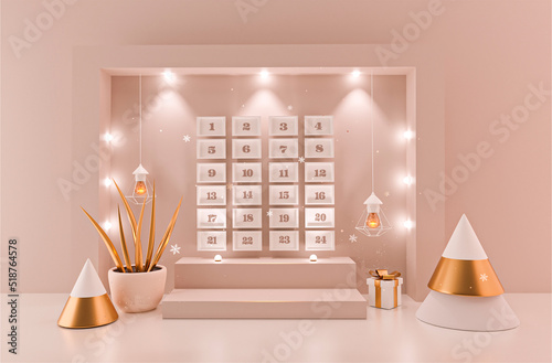 Christmas advent calendar. Boxes with number of calendar days of December, confetti, decorations on a beige scene. New Year 2023. Concept for product. display podium. 3d render image