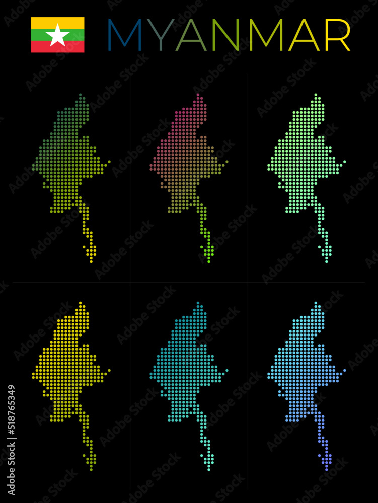 Myanmar dotted map set. Map of Myanmar in dotted style. Borders of the country filled with beautiful smooth gradient circles. Charming vector illustration. Myanmar dotted map set. Map of Myanmar in dotted style. Borders of the country filled with beautiful smooth gradient circles. Charming vector illustration.